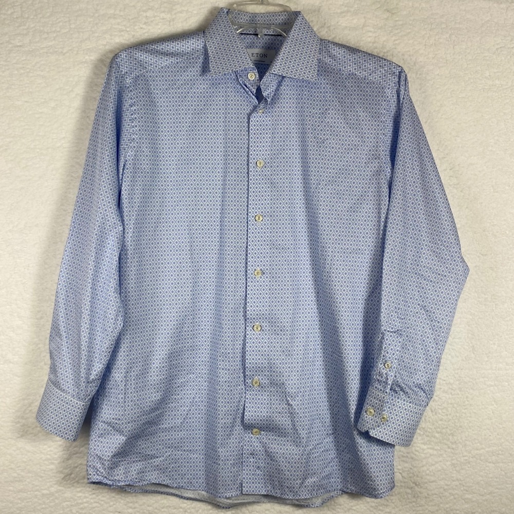 Eton Contemporary Fit Dress Shirt Blue White Geometric Floral Tile 15.5 39 M